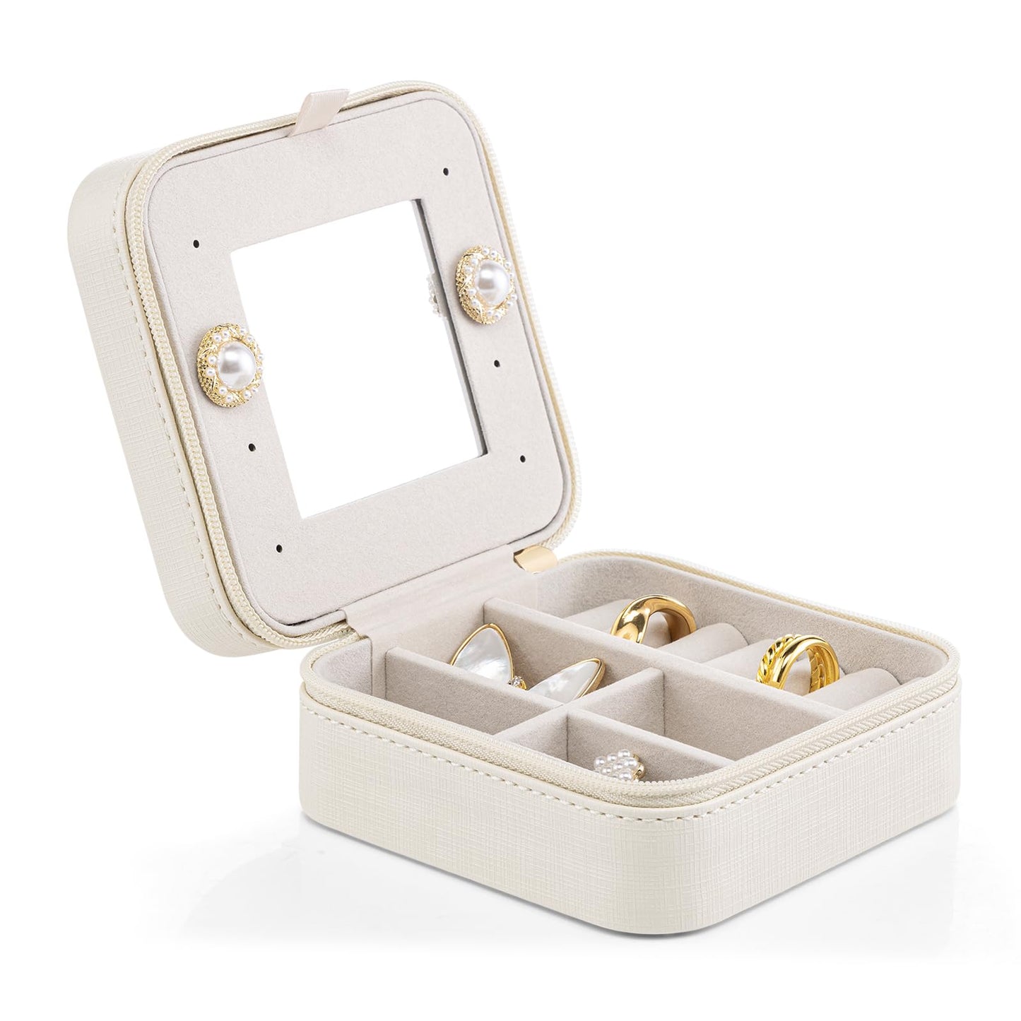 Vlando Small Travel Jewelry Box Organizer - Mirrored Carry-on Jewelries Necklaces Rings Earrings Necklace Storage Case, Beige