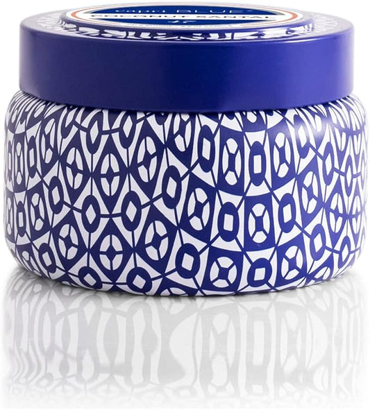 Capri Blue Printed Travel Tin Jar Candle - Luxury Candle with a Soy Wax Blend - Blue Candle with Lid - Scented Candles for Home with Notes of Hibiscus, Lime, Coconut & Amber (Coconut Santal, 8.5 oz)