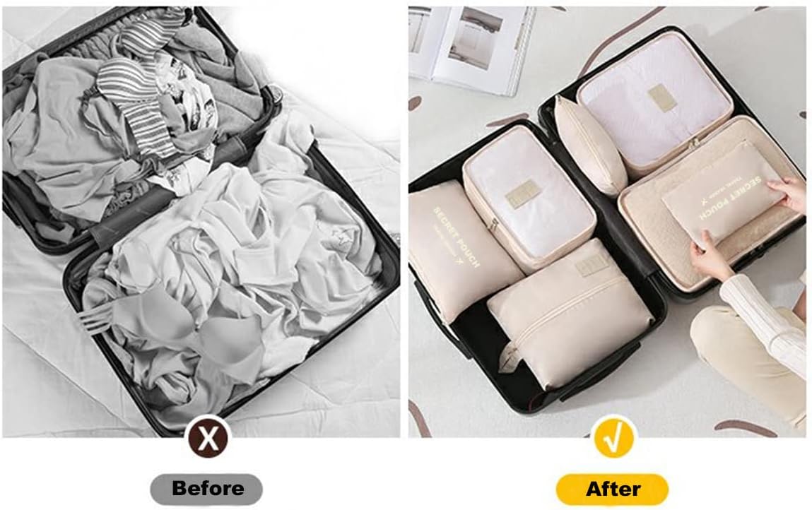 Fxkoolr 7 Set Packing Cubes, Packing Organizers Travel Foldable Luggage Organizers Storage Bag Accessories for Suitcase with Laundry Bag & Shoe Bag, Beige