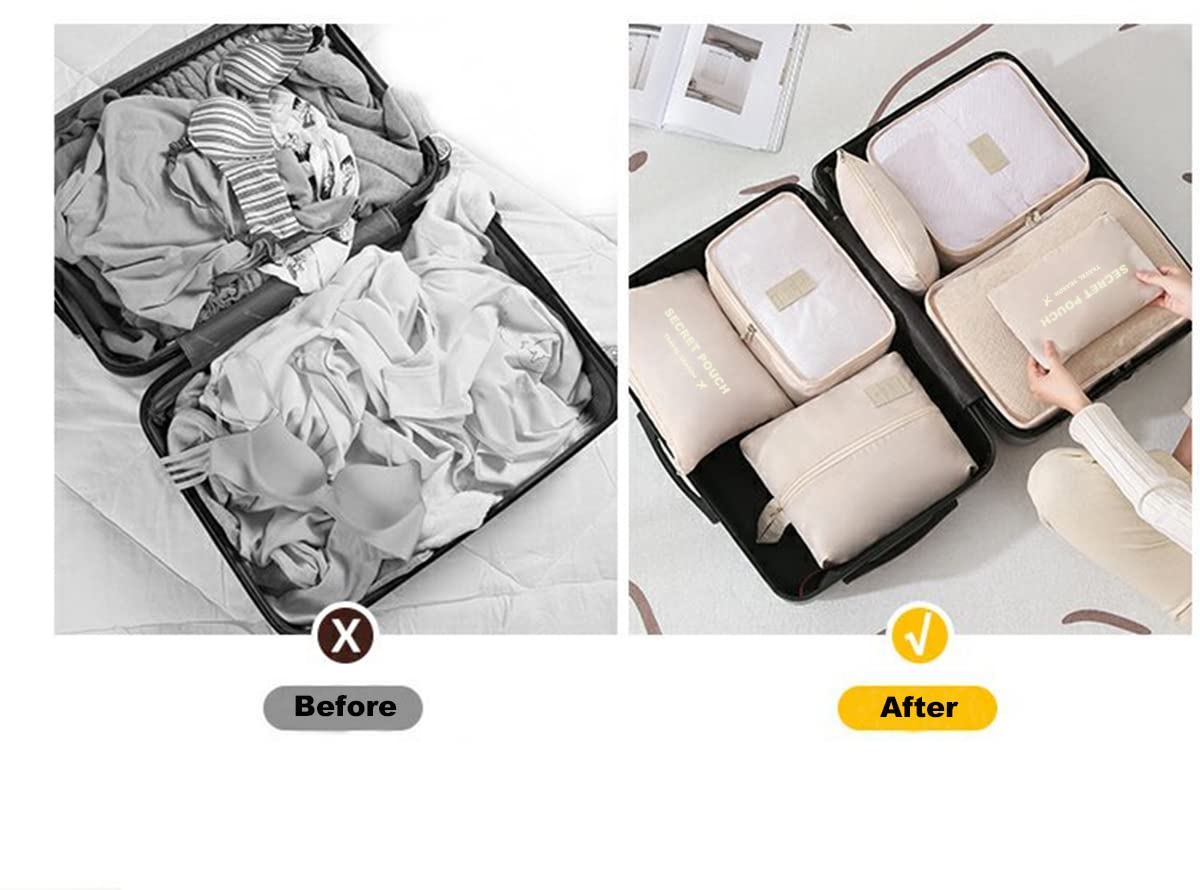 Fxkoolr 7 Set Packing Cubes, Packing Organizers Travel Foldable Luggage Organizers Storage Bag Accessories for Suitcase with Laundry Bag & Shoe Bag, Beige