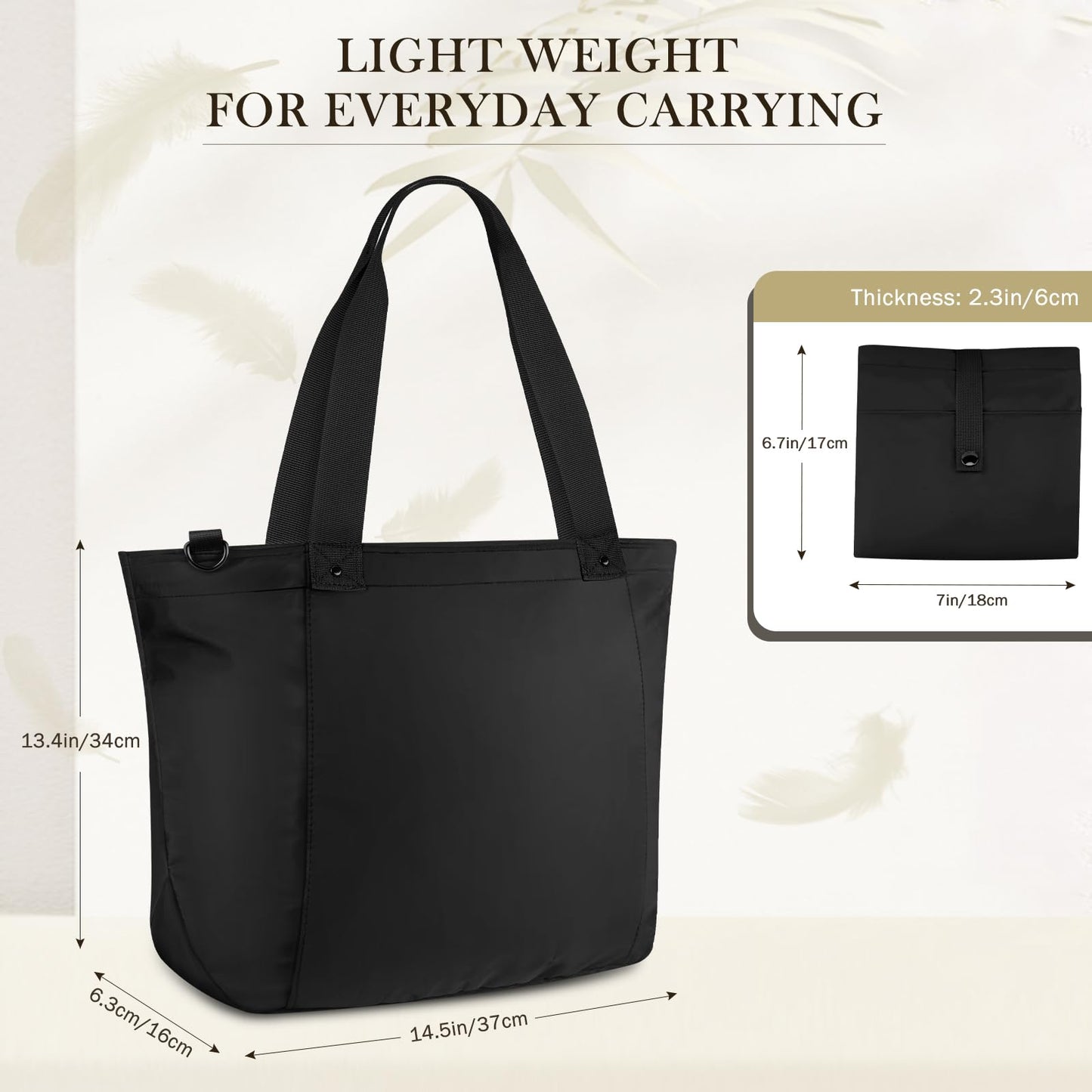 Vinabilia Tote Bag for Women, Lightweight Foldable Tote Bag With Zipper Shoulder Bag Large Top Handle Handbag for Travel, Work, Gym, Black