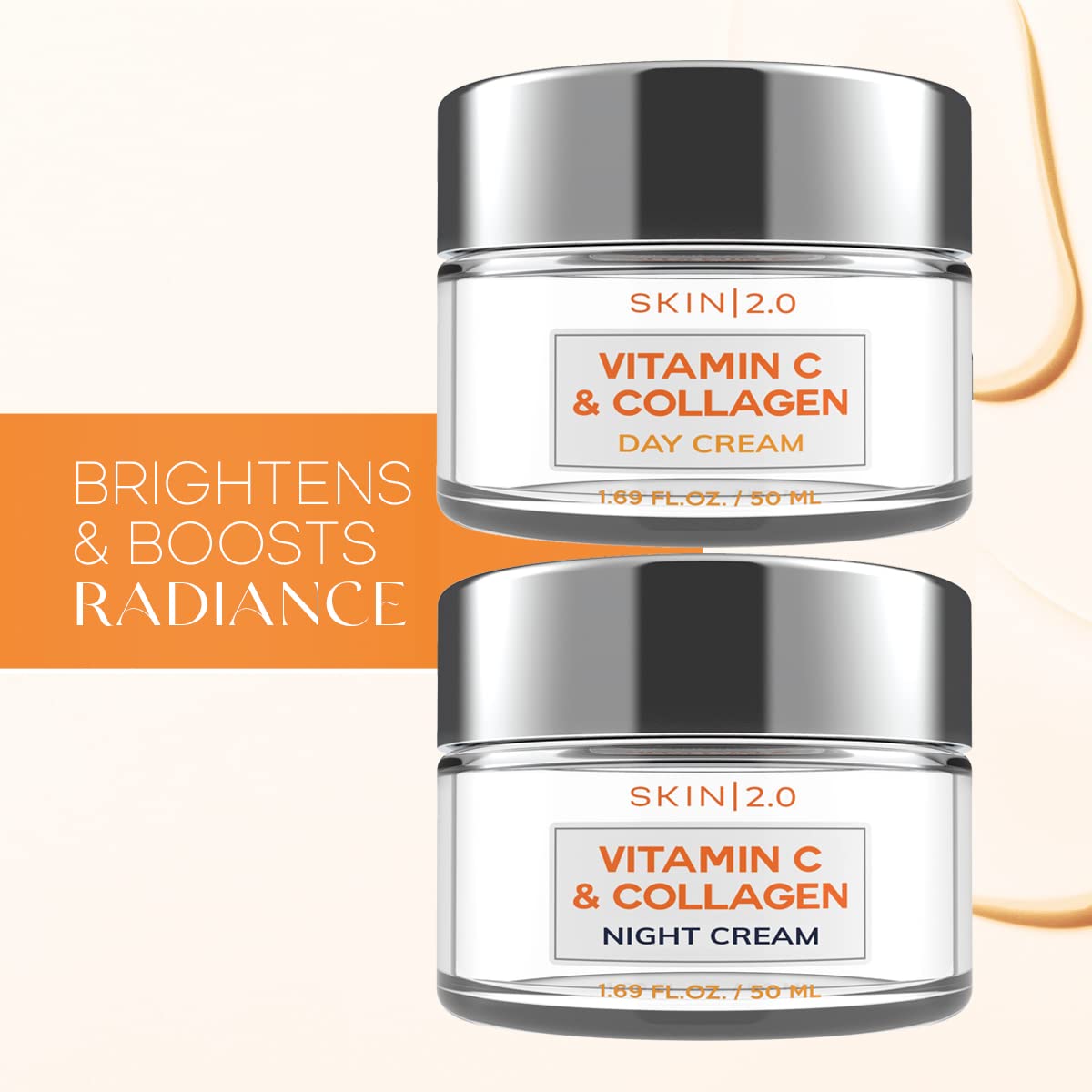 Skin 2.0 Vitamin C & Collagen Day & Night Face Moisturizer Cream - Dermatologist Tested, Brightening, Anti-Aging, Clean Beauty, Cruelty-Free Korean Skincare for All Skin Types - 1.69 oz (2-Pack)