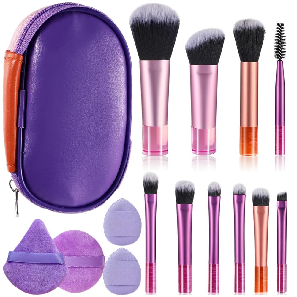 14PCS Portable ON THE GO Makeup Brush Set Mini Travel Makeup Brushes Set Easy-taken Mini Full Complete Function Cosmetic Brushes Kit with Brush Pouch (Colorful)