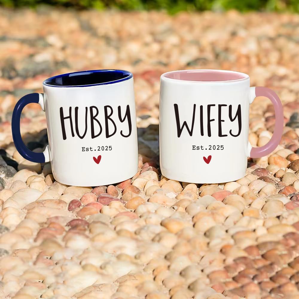 ZWV Est 2025 Hubby & Wifey Couples Coffee Mug Set - Mr & Mrs Bridal Shower Gift, Wedding Gift Set of 2