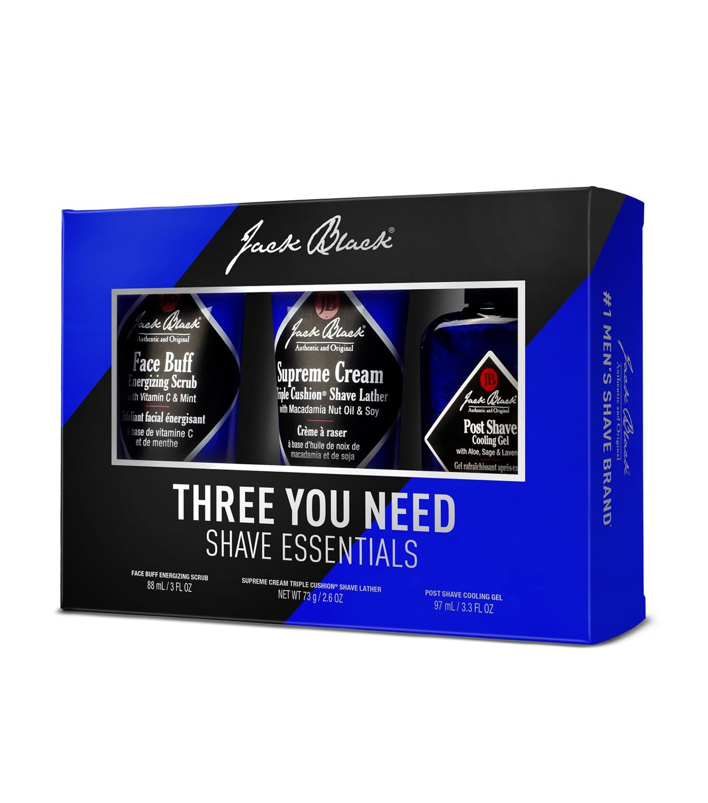 Jack Black Three You Need Shave Essentials Set for Men – Face Scrub, After Shave Cooling Gel, Shave Lather, Mens Skin Care Kit, Men's Skincare Gift Set