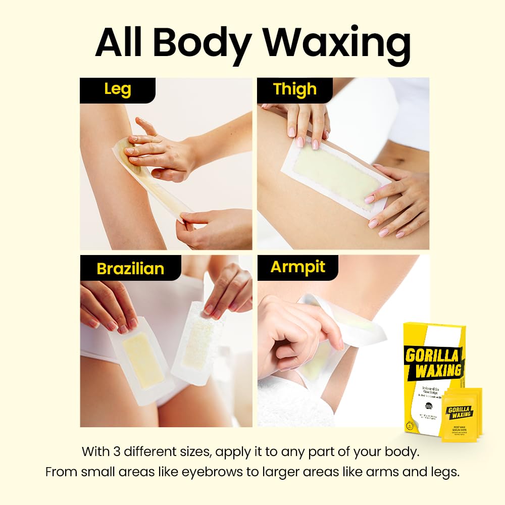 Gorilla Waxing Strip & Go Wax Strips Kit – 28 Multi-Size Wax Strips + 4 Calming Serum Wipes, Ready-to-Use Hair Removal for Face & Body, Sensitive Skin, No Heating Needed, Korean Skin Care