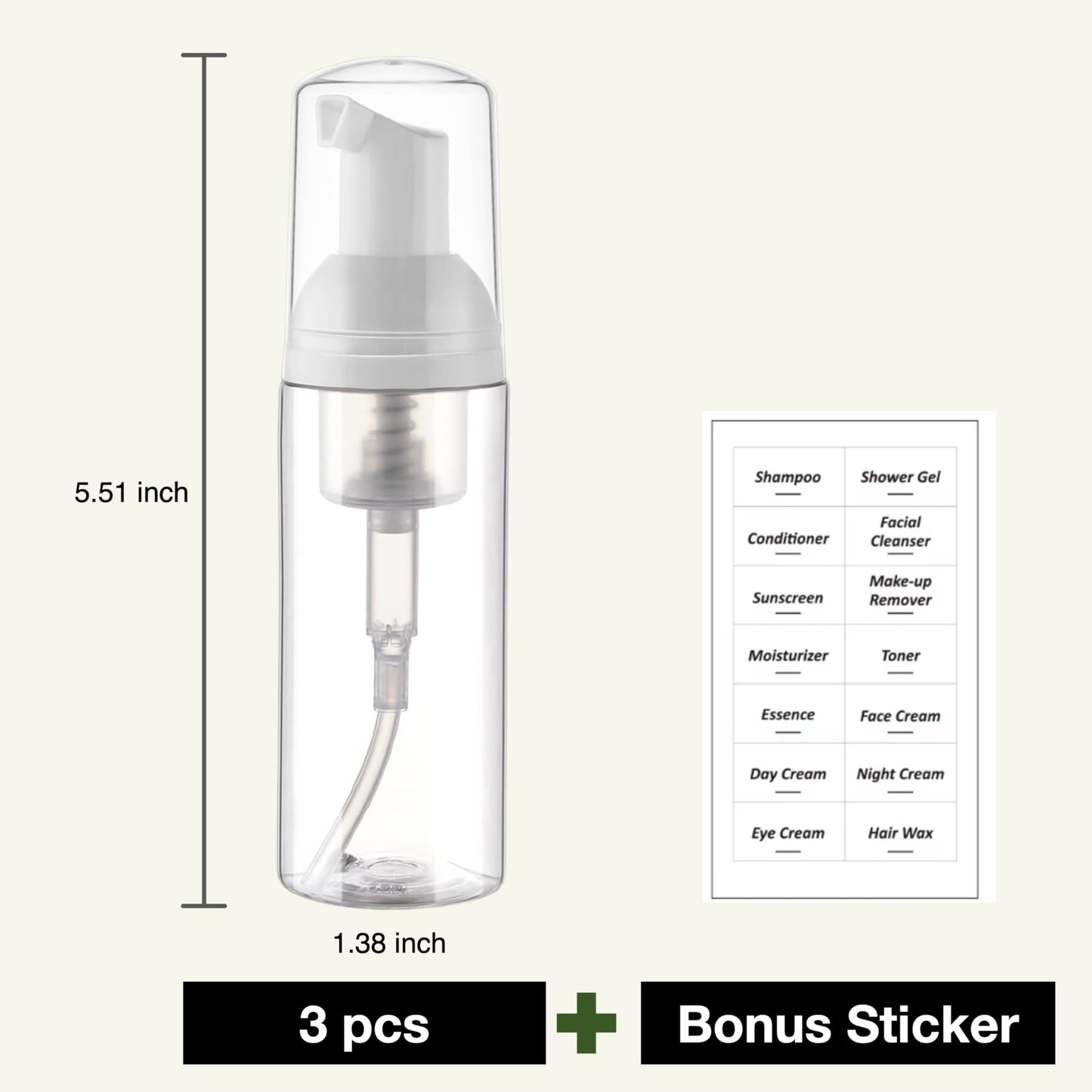 EDITBYLIBRA 2oz Travel Size Foam Pump Bottle-3 PCS, Empty Leak-Proof, TSA Approved, Travel Foaming Pump Bottles for Shampoo, Shower Gel, Hand Soap, Facial Cleanser (Clear)