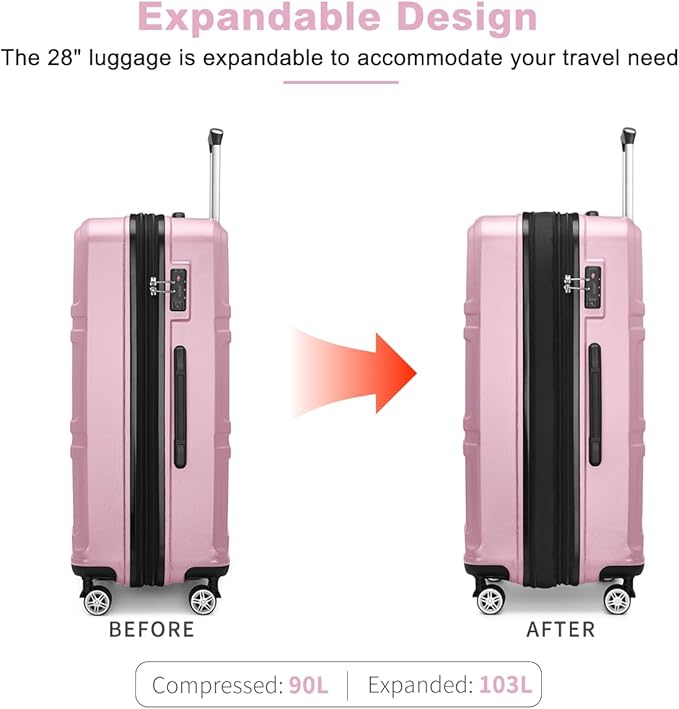 Kono 3 Piece Luggage Sets Expandable(only 28") Lightweight with Spinner Wheels TSA Lock Hardside Travel Rolling Suitcases 20in 24in 28in Carry on Pink