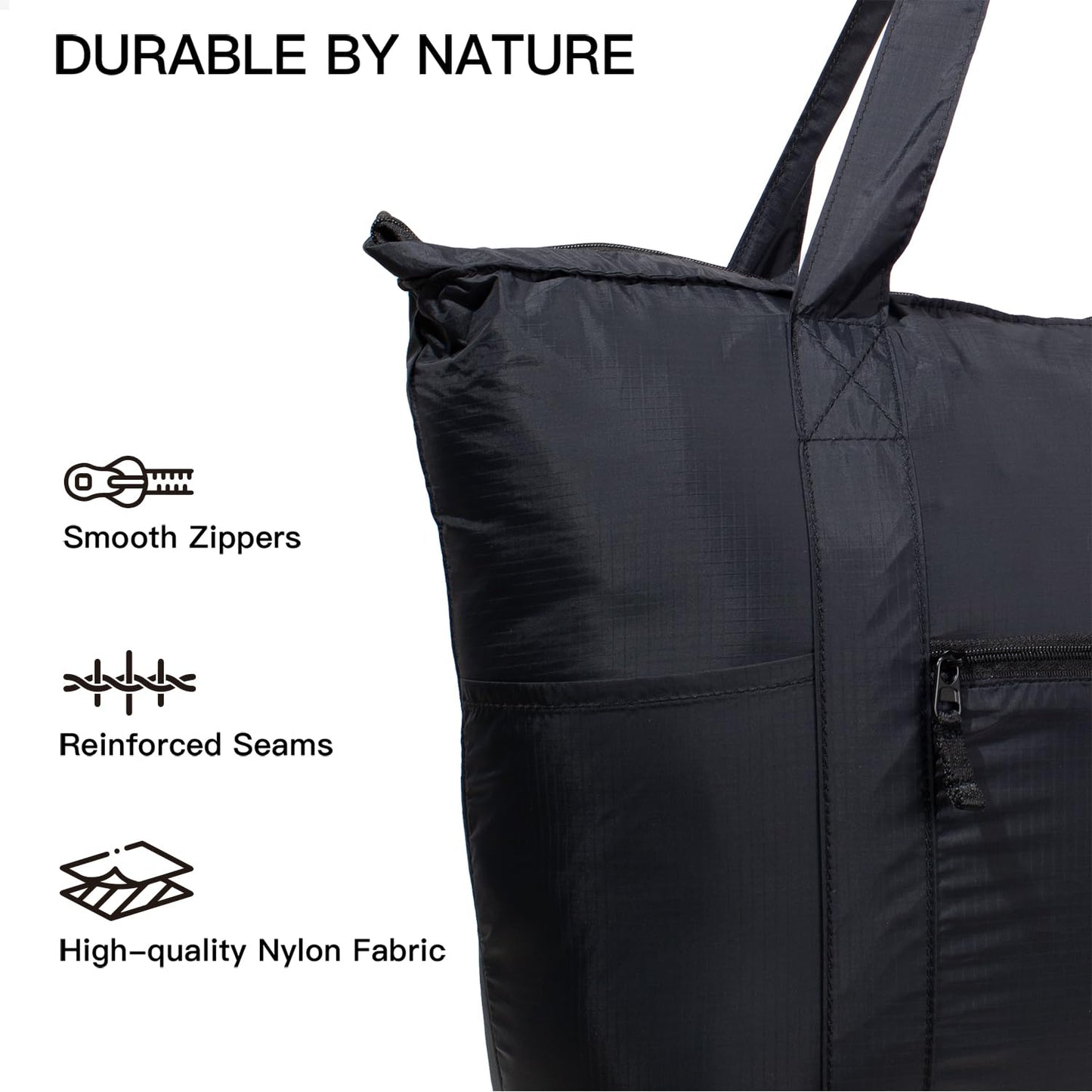 Fynarzel 0.03mm ultra-thin Foldable Lightweight Tote Bag Nylon for Travel Duffel,Polyester Packable Totes with Zipper, 23-28L Collapsible Compact Large for Women and Men,Black
