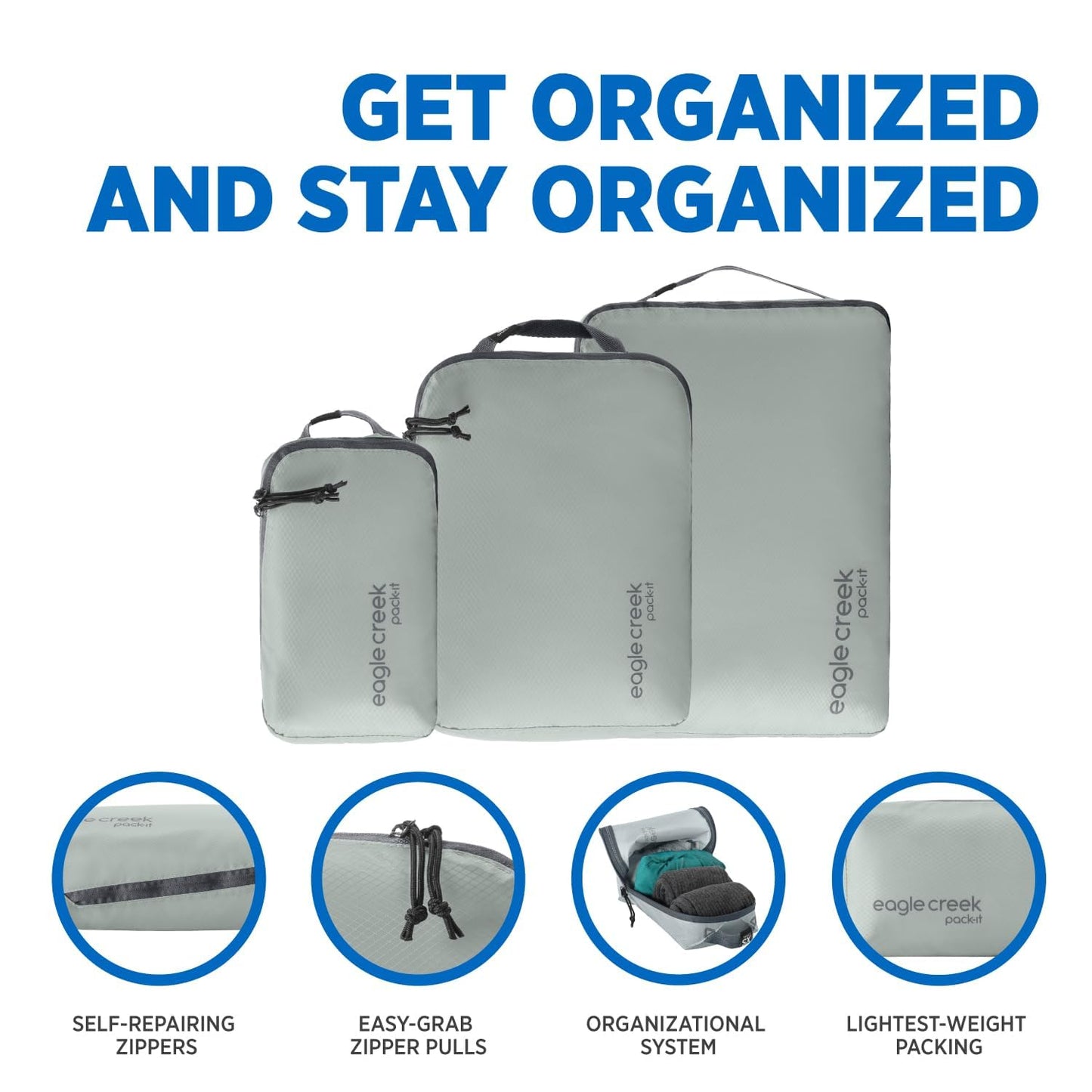 Eagle Creek Pack-It Isolate Cube Set - Compression Packing Cubes for Stackable Storage - Convenient Top Handle - Easy Grab Zipper Pull - Storm Grey - XS/S/M - 3