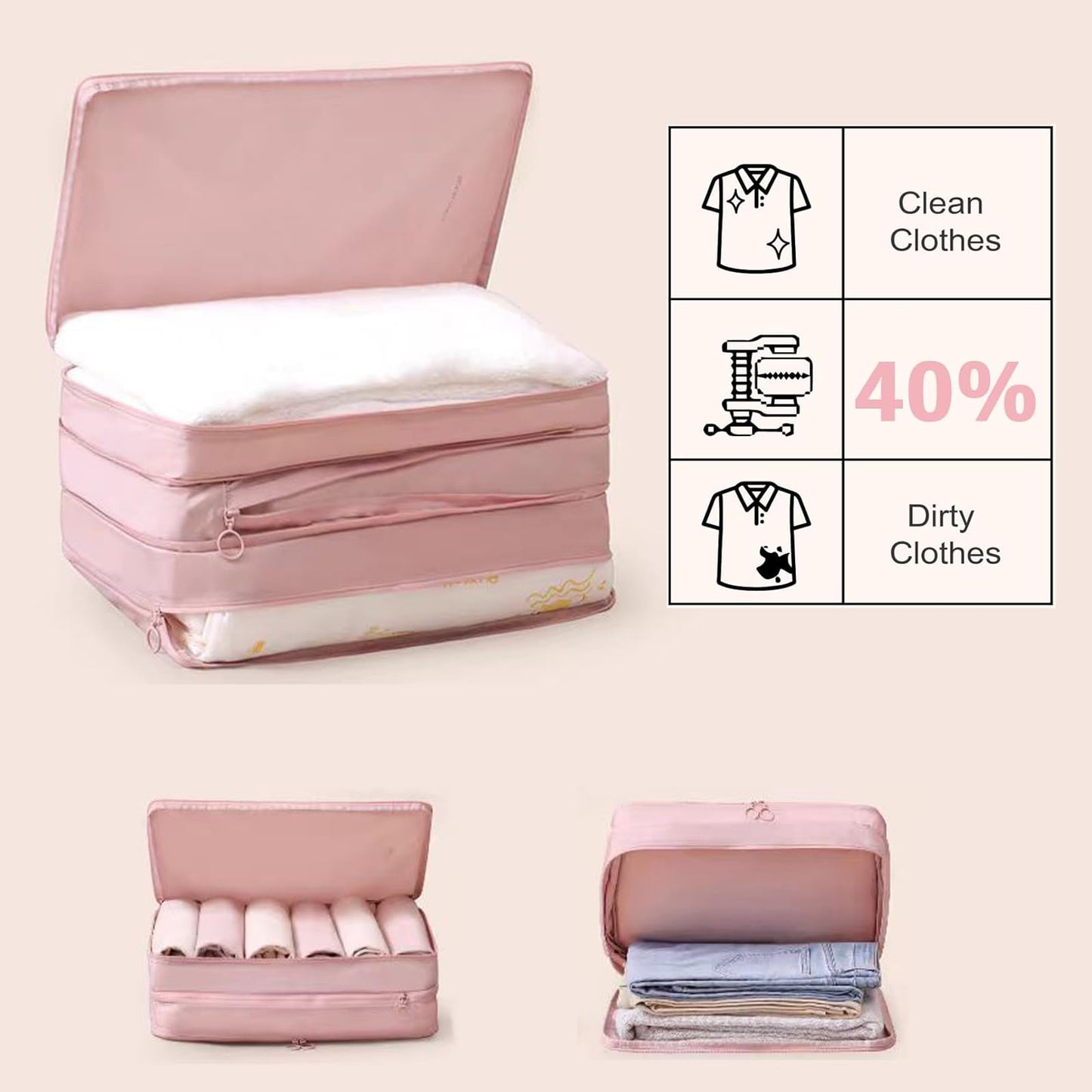 Double-Layered Compression Packing Cubes for Travel, Luggage Organizer Bags Compressible for Suitcase Packing Bag Travel Accessories, Pink, M