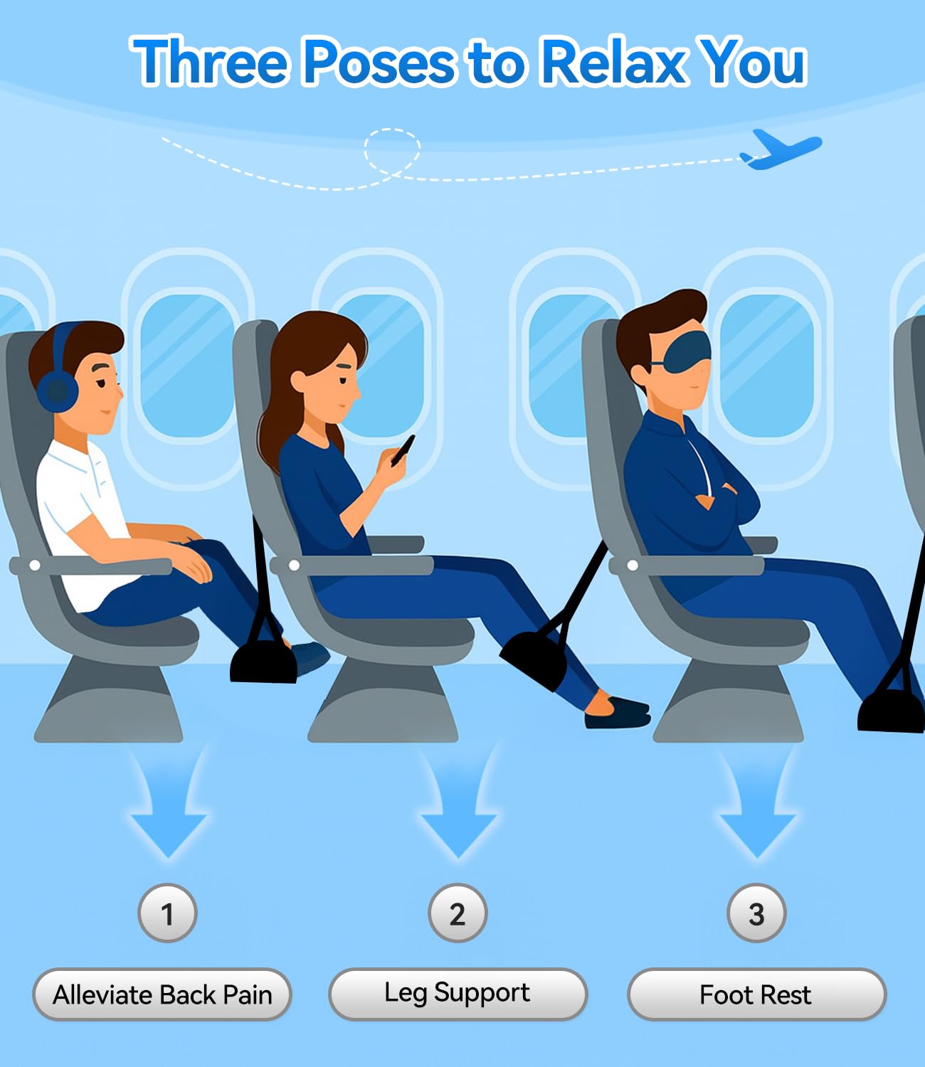 Portable Airplane Foot Hammock(Memory Foam)-Ultimate Comfort Bundle w/Sleep Mask & Ear Plugs, Foot Hammock for Plane Travel Essentials to Relax Your Feet, Airplane Foot Rest Perfect for Long Flight