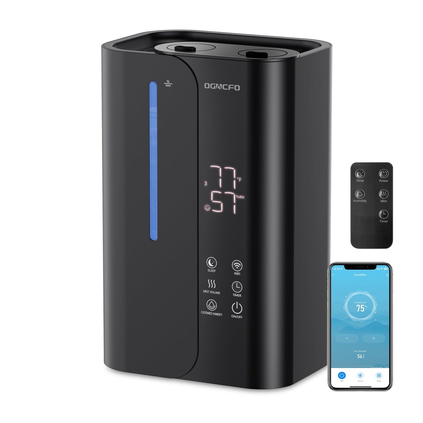 OGACFO 5L Cool Mist Humidifiers for Bedroom Large Room, Top Fill Ultrasonic Smart Air Humidifier for Baby & Plants with Essential Oil Diffuser, 50H Runtime 28 dB Quiet Baby Humidifier