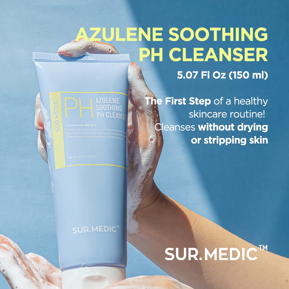 SUR.MEDIC+ Azulene Soothing PH Cleanser 5.07 oz / 150ml - Hypoallergenic, Sensitive Skin, Smooth, Moisturizer, Centella, Korean Skin Care