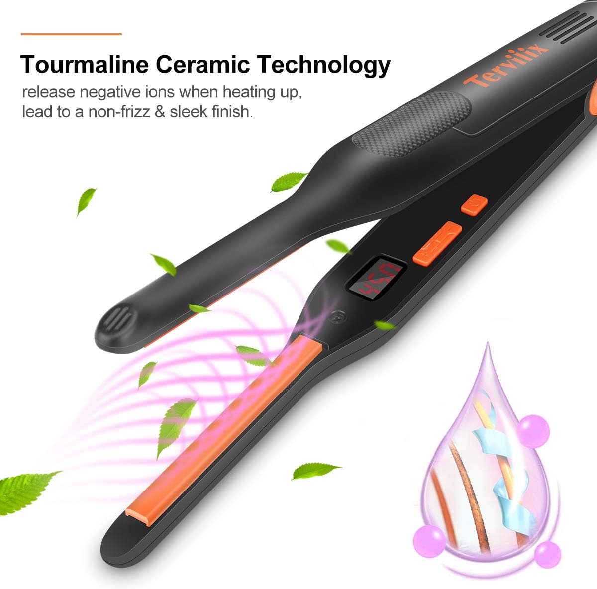 Terviiix Small Flat Iron for Short Hair, Temperature Adjustable Pencil Flat Iron Fast Heat Up, 3/10 Inch Beard Straightening Iron Dual Voltage with Tourmaline Ceramic Plates, Auto Shut Off