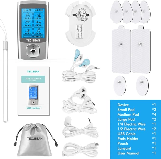 24 Modes Tens Unit Muscle Stimulator, Rechargeable Tens Machine with 8 Electrode Pads (American Gel), Electric Pulse Massager for Pain Relief Therapy(Silver)