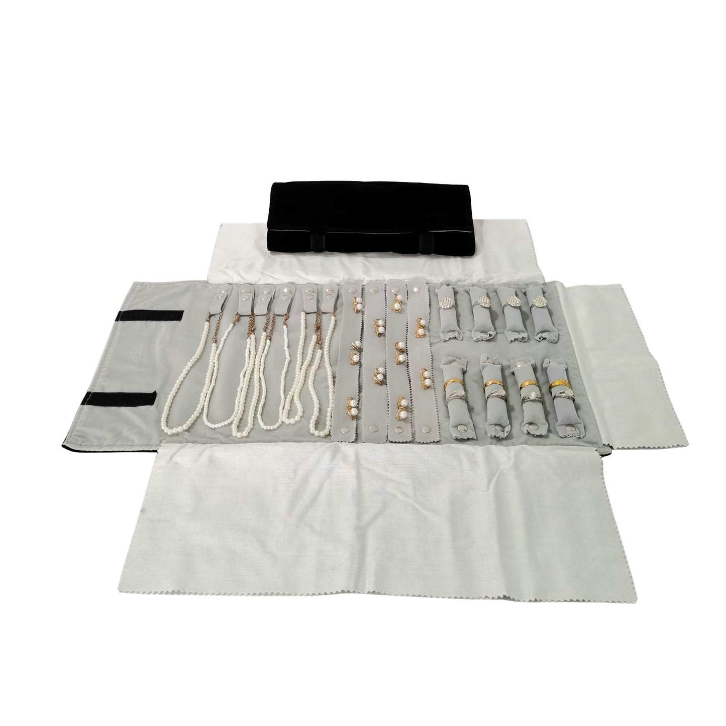 SCIKHEFT Travel Roll Bag Jewelry Display Storage Organizer Multi-function Velvet Pouch (Black and grey)