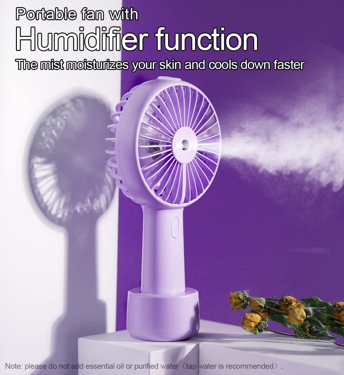 Portable Hand held Misting Fan, Small Personal USB Rechargeable Battery Operated Spray Fan Mister with 20ml Water Tank Mist Lash Quiet 3 Speed Strong Cooling Wind for Travel Office Outdoors purple