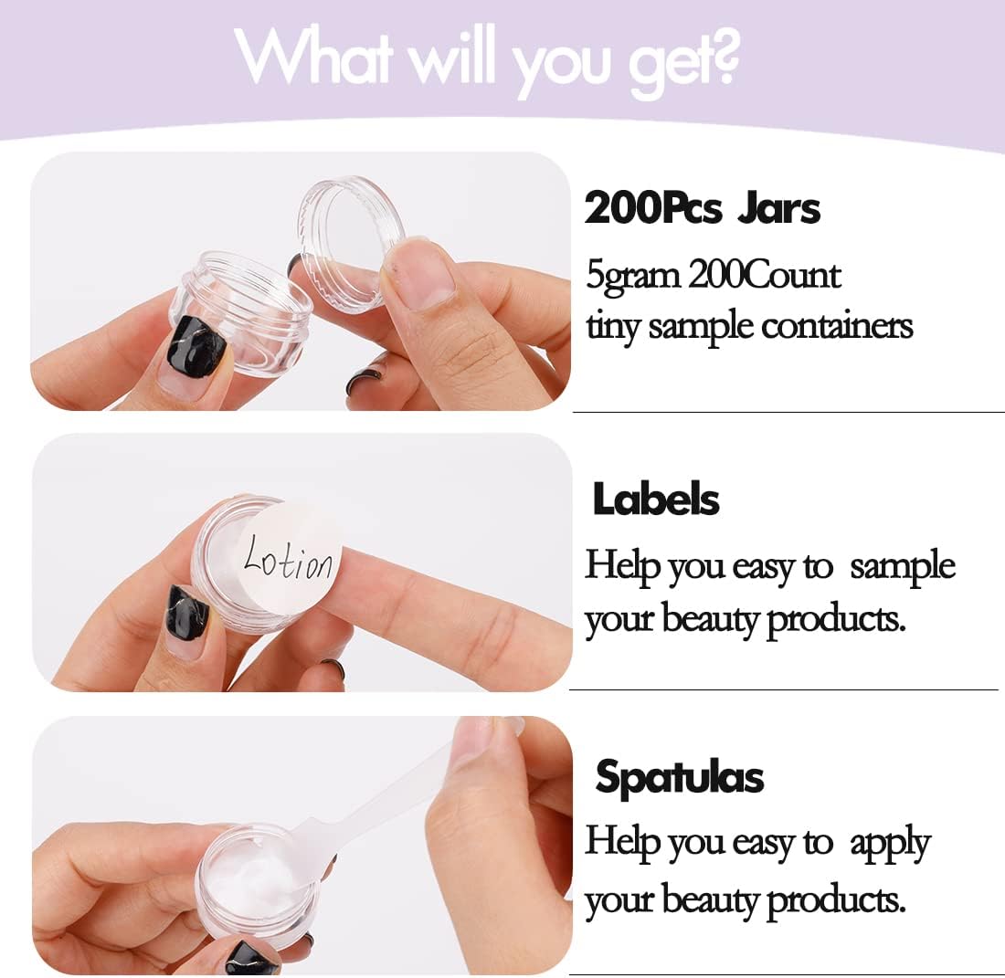 5 Gram Sample Containers With Lids, 200 Count 5ML Clear Jars, Empty Lip Balm Containers, Small Makeup Travel Jars for Glitter, Lotion, Cream, Beads, With Labels, Mini Spatulas