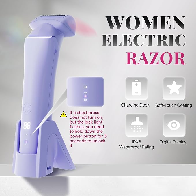 krofaue Women Electric Shaver - Cordless Waterproof Body Foil Shavers, Dry & Wet Electric Razors for Women with LED Display USB Charge Dock Purple