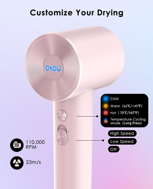 OSOU Hair Dryer with Diffuser for Curly Hair, Negative Ionic Hairdryer, High-Speed Blow Dryer with 110, 000 RPM Brushless Motor, Fast Drying Lightweight Travel Hairdryer, Low Noise Quiet Hair Dryers
