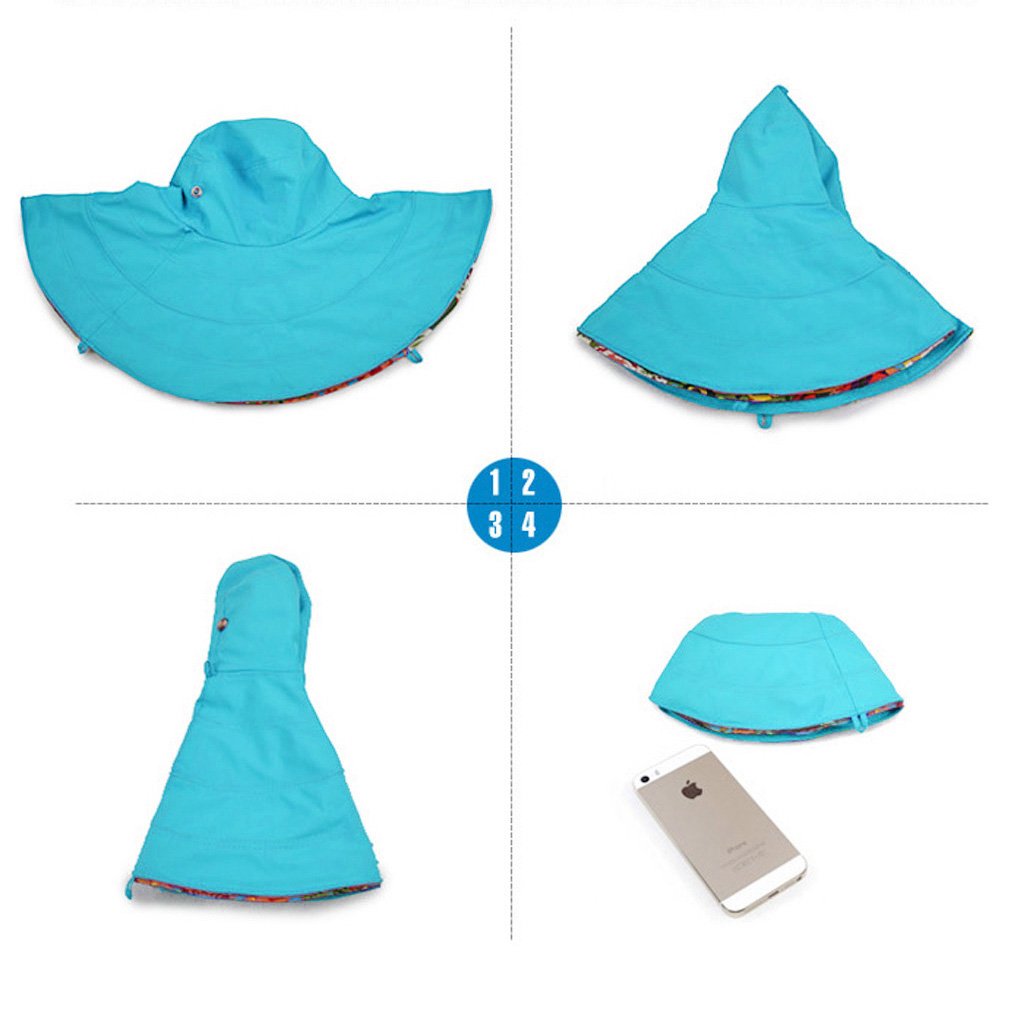 Women's Foldable Floppy Reversible Travel Beach Sun Visor Hat Wide Brim UPF 50+ Blue