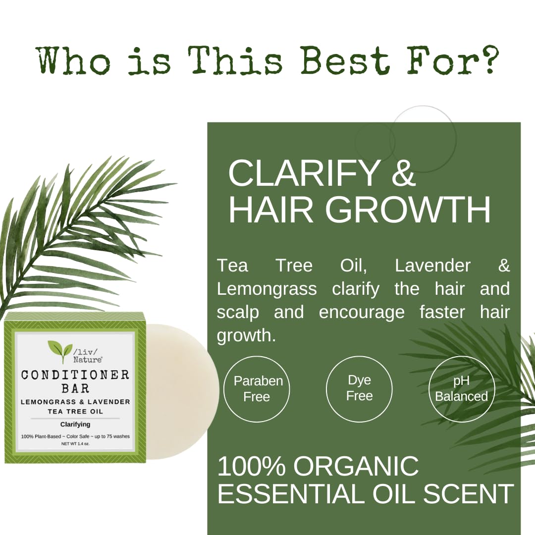 /liv/ Nature Conditioner Bar Detangle, Strengthen & Moisturize | Paraben Free & Sulfate Free | Travel Essentials | Handmade In USA (Tea Tree with Lavender & Lemongrass)