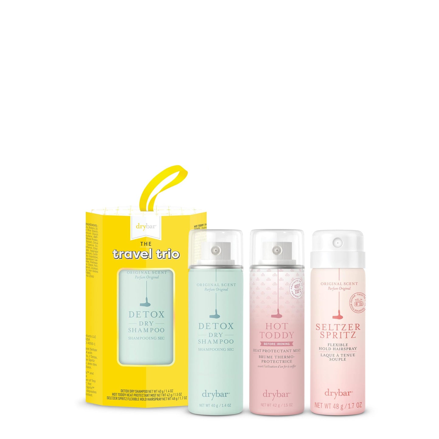 Drybar Travel Trio Kit | Protect, Refresh, and Hold | Hot Toddy Heat Protectant, Detox Dry Shampoo, and Seltzer Spritz Hairspray | Travel Size