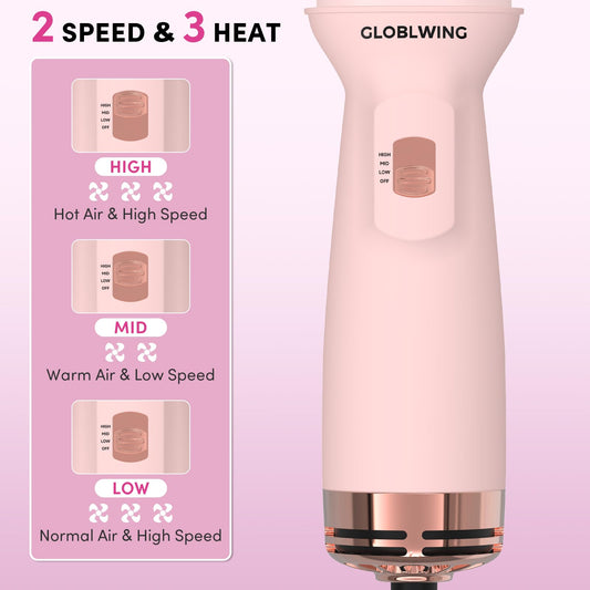 GLOBLWING Travel Dual Voltage Hair Dryer Brush Compact Mini Hot Air Brush with European Plug One Step Blow Dryer and Styler for Women, Oval Barrel 3 Heat & 2 Speed Settings