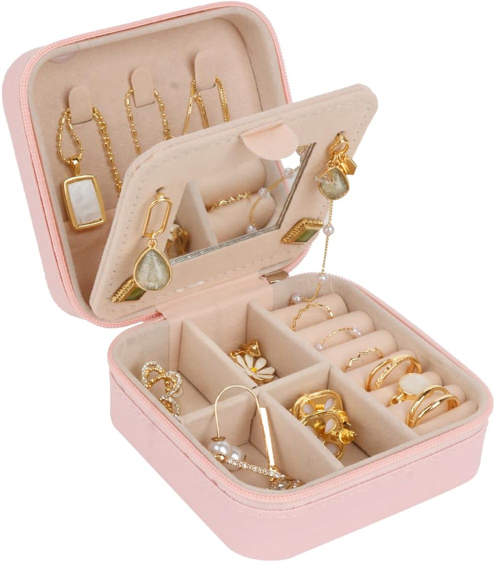 Travel Jewelry Case and Organizer with Mirror,Travel Jewelry Box Organizer Holder Stocking Stuffers,Pink,1 Pack