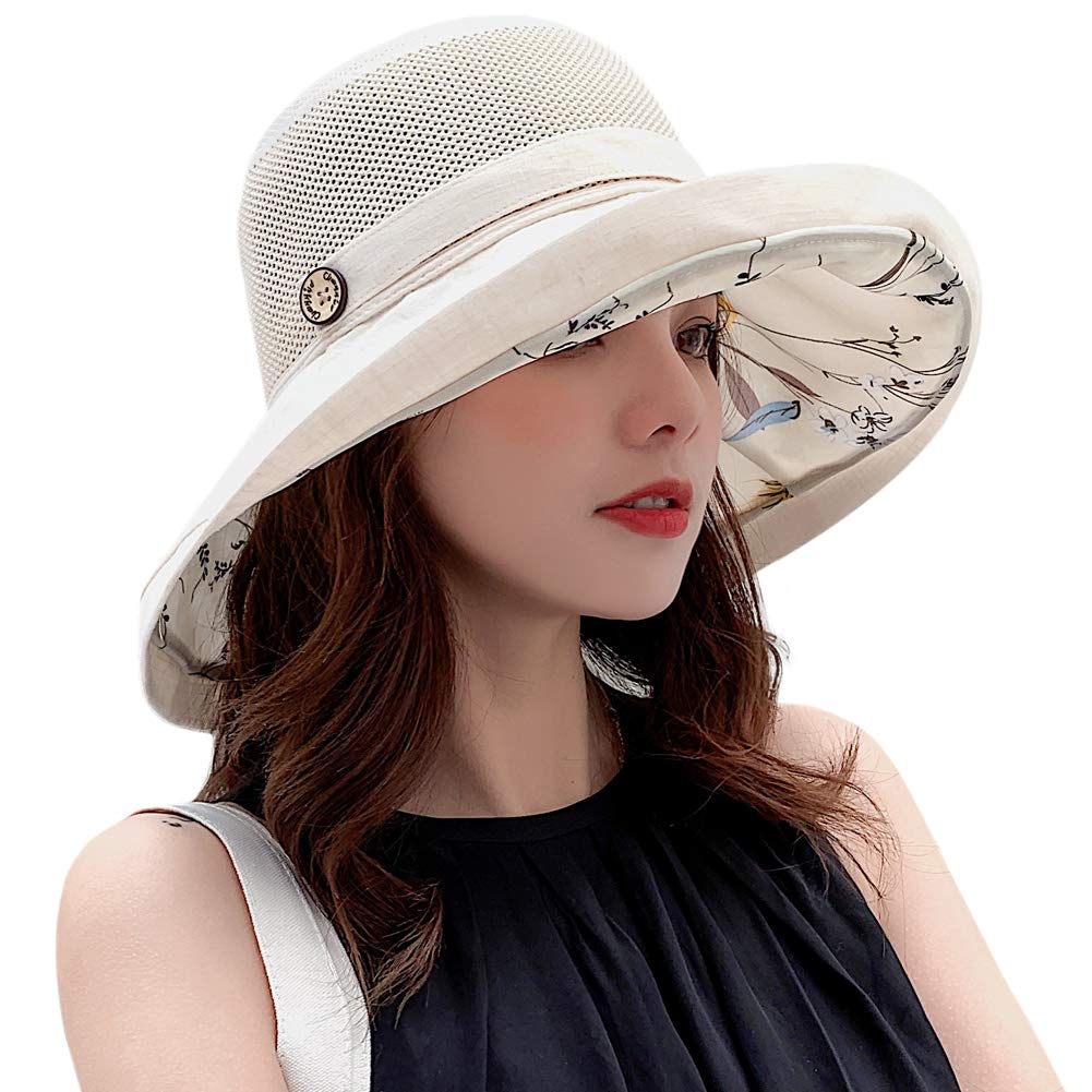 Women's-Mesh-Sun-Hats Wide-Brim Summer Beach Bucket Caps for Girls Outdoor-UV-Protection Foldable-Fishing-Hat Chin Strap Beige