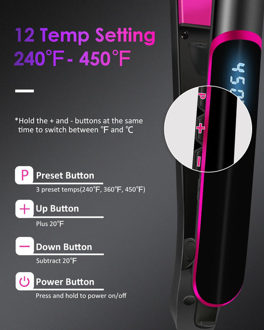 Fabuday Flat Iron Hair Straightener Dual Voltage - Heat Up Quickly, LCD Display & Auto Shut-Off, 12 Adjustable Temp Hot Iron for All Hair Types, 1 Inch Floating Ceramic Plates