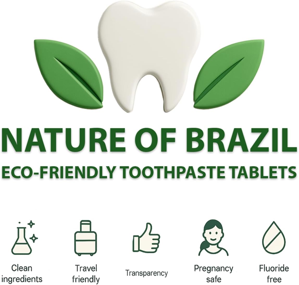 Nature of Brazil Toothpaste Tablets – Mint Flavor – 60 Count – Fluoride-Free, SLS-Free, Natural Whitening, Travel-Friendly – Made in USA