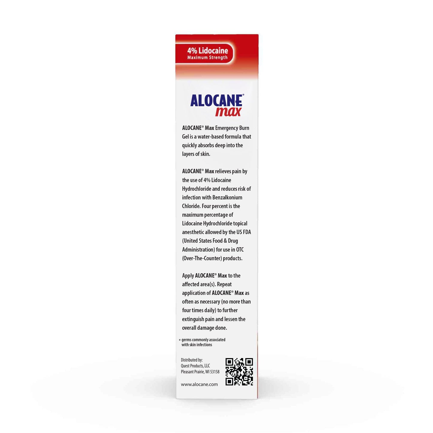 Alocane Max Emergency Burn Gel, 4% Lidocaine Hydrochloride, .13% Benzalkonium Chloride, Maximum Strength Relief, Itch Relief, For Sunburns, Kitchen, Radiation, Chemical, First-Degree Burns, 4 Fl Oz