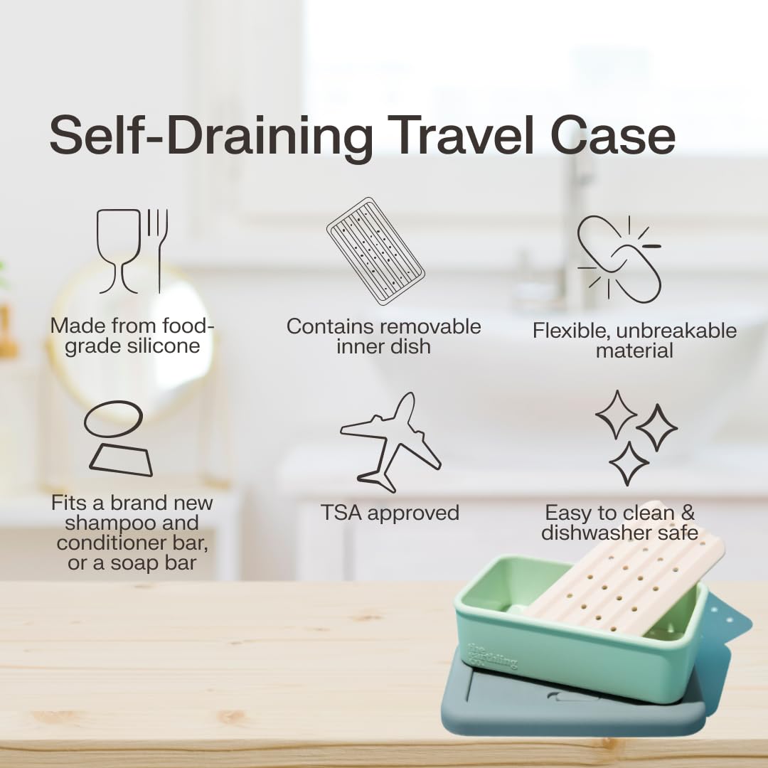 The Earthling Co. Leakproof Soap Case for Travel - Compact Portable Silicone Container with Removable Soap Dish for Drainage, Lightweight Shampoo and Conditioner Bar Holder for Shower Toiletries
