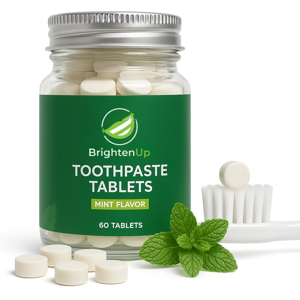 BrightenUp Toothpaste Tablets – Natural Whitening with Nano-Hydroxyapatite, Xylitol & Peppermint | Chewable, Fluoride-Free, Plastic-Free, TSA-Friendly | Remineralizes Enamel | 60 Tablets (1 Month)