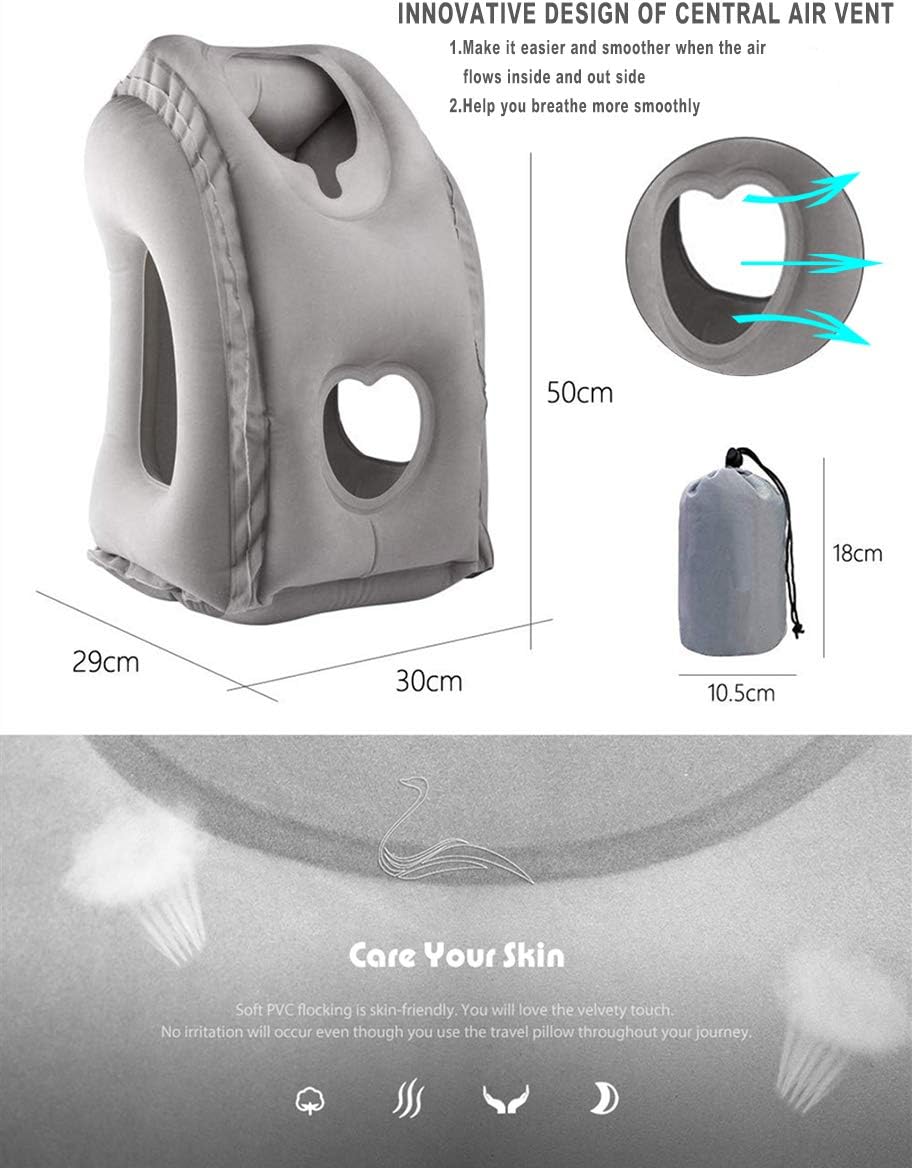Kimiandy Inflatable Travel Air Pillow for Sleeping to Avoid Neck and Shoulder Pain, Comfortably Support Head and Lumbar, Used for Airplane, Car, Bus and Office (Grey)
