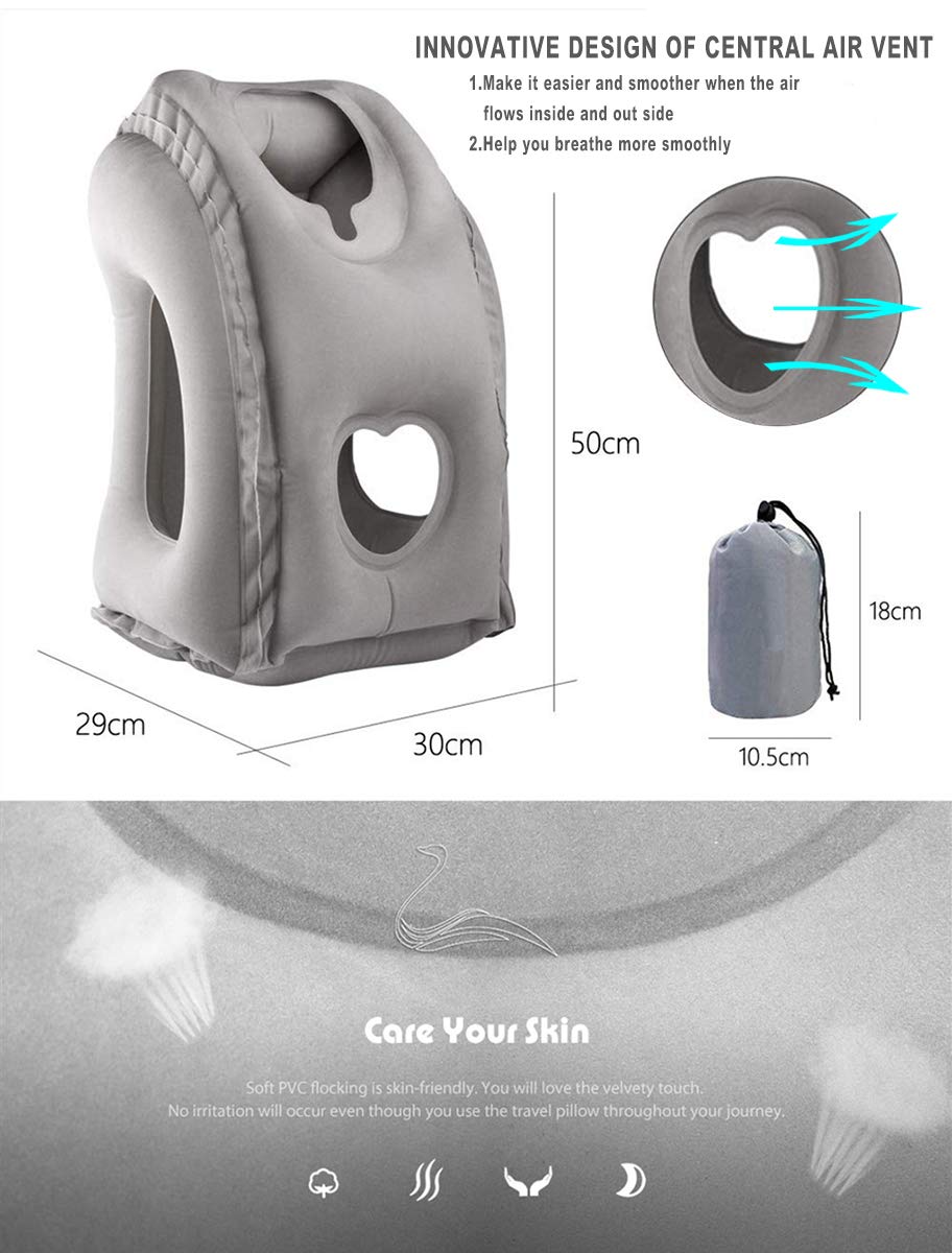 Kimiandy Inflatable Travel Air Pillow for Sleeping to Avoid Neck and Shoulder Pain, Comfortably Support Head and Lumbar, Used for Airplane, Car, Bus and Office (Grey)