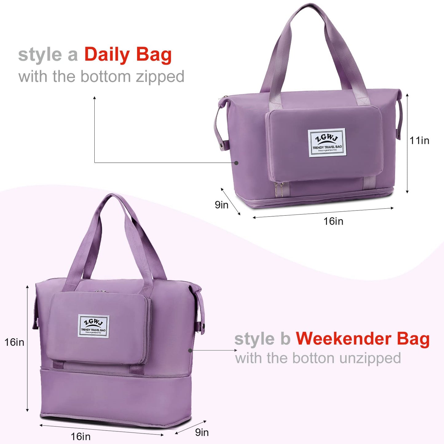 Expandable Travel Tote Bag for Women - Foldable Overnight Weekender, Carry-On, Hospital & Workout Bag - Fits Spirit Airlines Personal Item Size - Lightweight & Durable with Trolley Sleeve, Purple