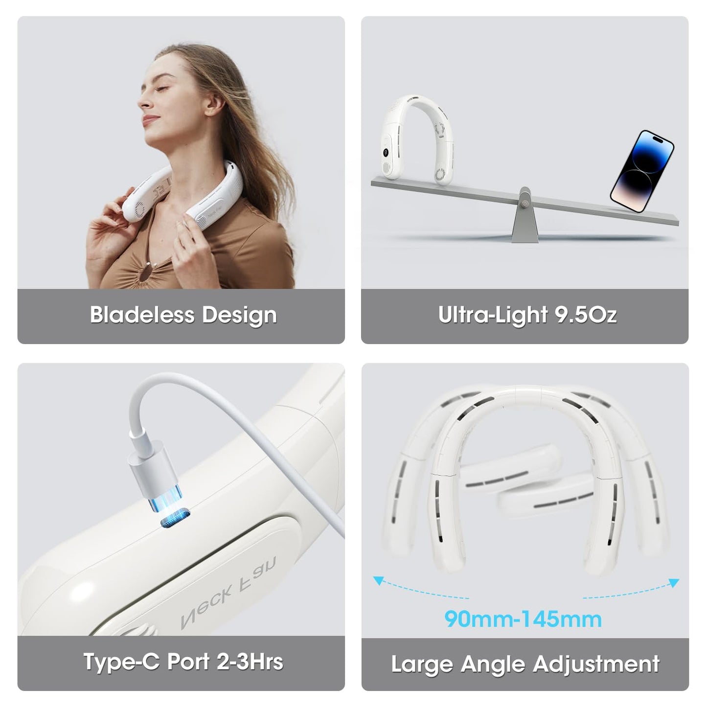 OLV Rechargeable 4 Turbo 6000mAh Portable Neck Fan - 360 Cooling Airflow, 3 Speeds, LED Battery Display, Foldable, Bladeless - Personal Fan for Work, Travel, Outdoor Activities - White