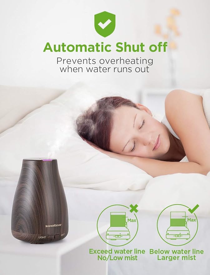 InnoGear Essential Oil Diffuser, Premium 5-in-1 Diffusers for Home Scent Aromatherapy Diffuser Air Desk Humidifier for Bedroom Large Room Office 7 Color LED 2 Mist Mode Waterless Auto Off, Brown