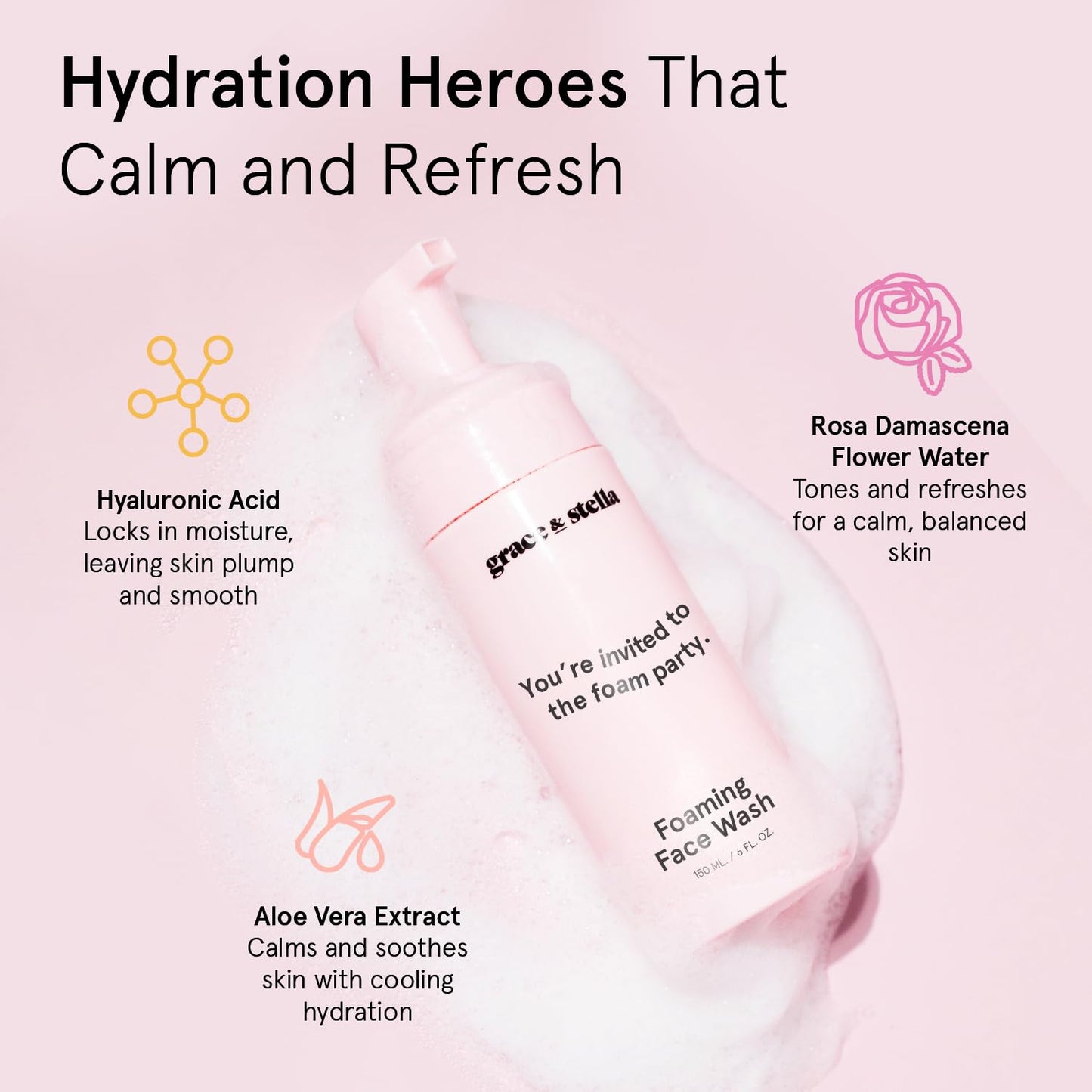 grace & stella Award Winning Travel Face Wash (60ml) Hydrating & Gentle Foaming Facial Cleanser with Hyaluronic Acid, Rose Water, Aloe Vera - Moisturizing Cleansing Foam for Normal to Very Dry Skin