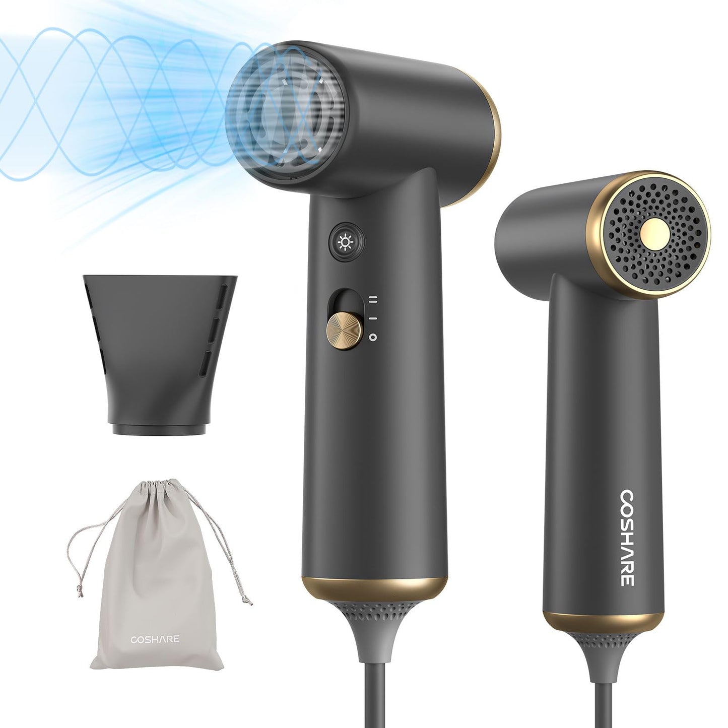 COSHARE Travel Hair Dryer, 110000 RPM High-Speed Brushless Motor, 200g Compact Travel Blow Dryer for Fast Drying, Smart Thermo-Control, Lightweight, Low Noise, Gunmetal