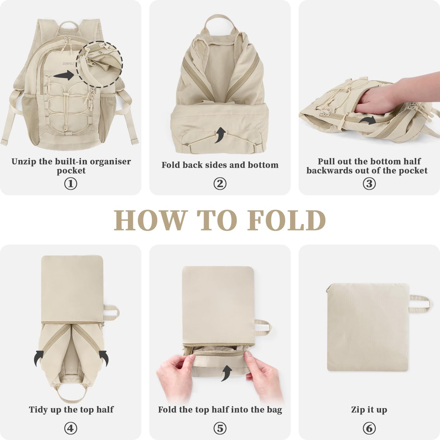 ZOMFELT Hiking Backpack for Women Men, 15L Lightweight Packable Backpack for Trip, Water Resistant Small Travel Backpacks, Foldable daypack for Hiking, Walking, Cycling, Camping, Beige