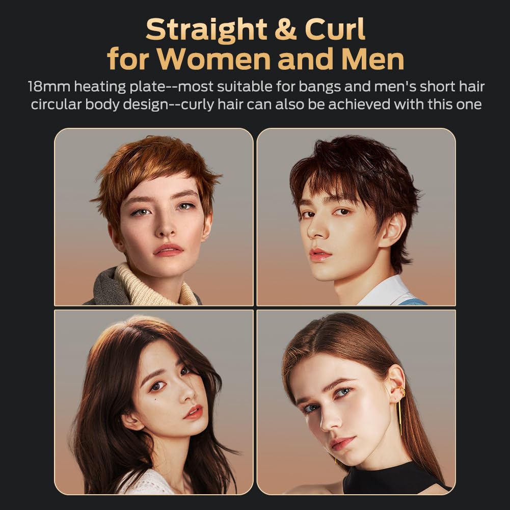 Cordless Hair Straightener and Curler 2 in 1 Ceramic Flat Iron Mini Cordless Portable Travel Hot Tools Straight Curl for Women Men USB Rechargeable with Pouch (Black)