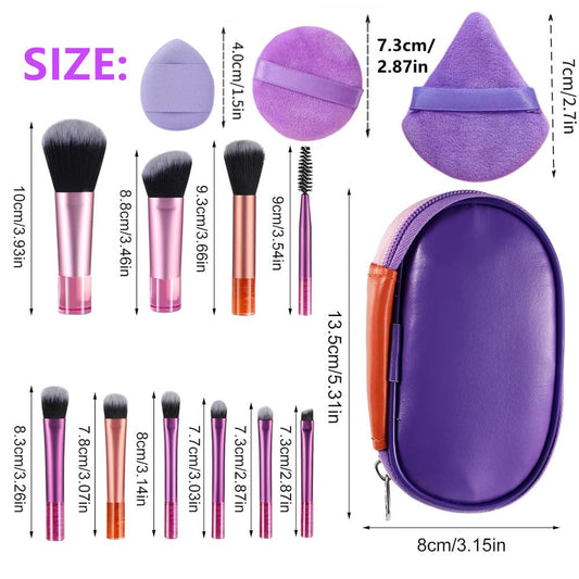 14PCS Portable ON THE GO Makeup Brush Set Mini Travel Makeup Brushes Set Easy-taken Mini Full Complete Function Cosmetic Brushes Kit with Brush Pouch (Colorful)