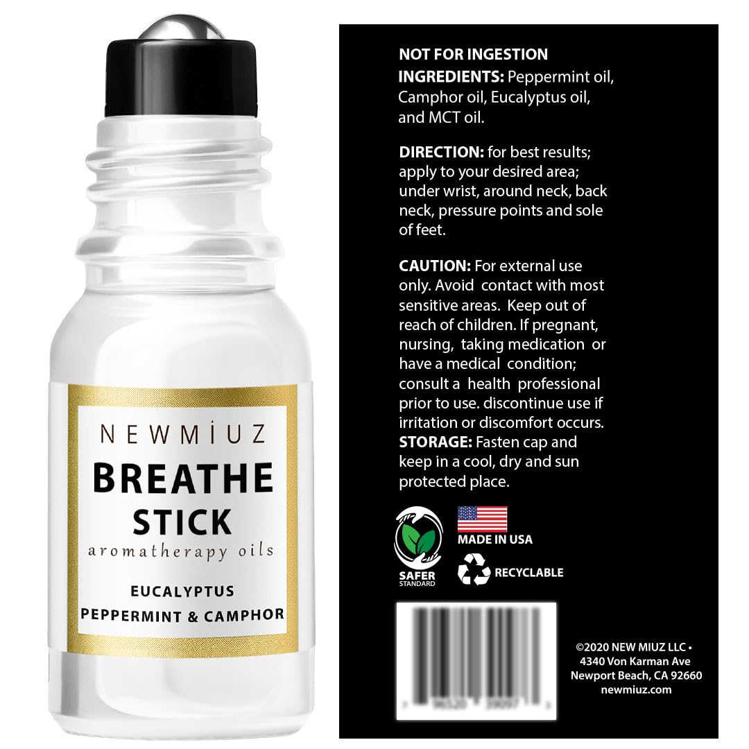 Breathe Easy Roll on Stick Peppermint Eucalyptus Essential Oil Blend Stress Sinus Natural Relief Gifts for Women Men Perfect Stocking Stuffers