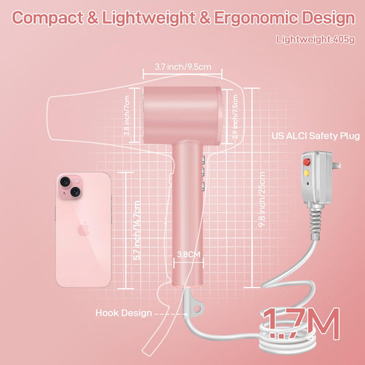 CIICII Negative Ionic Hair Dryer Professional, 120000RPM High Speed Blow Dryer (1600W Brushless/ 3-Speed/ 4-Temp & HD Display & Portable Bag) Fast Drying Hairdryer for Home, Travel & Salon (Pink)