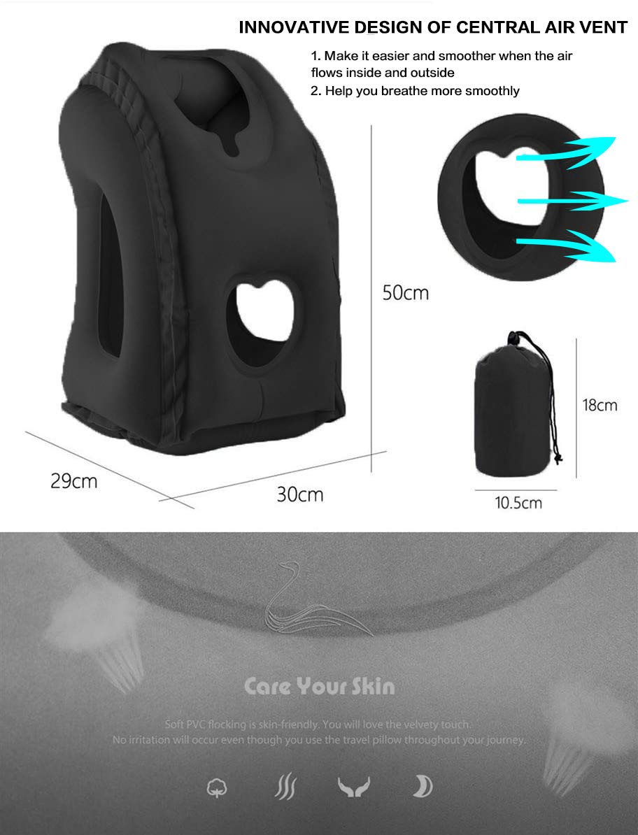 Kimiandy Inflatable Travel Pillow for Airplane, Neck Air Pillow for Sleeping to Avoid Neck and Shoulder Pain, Support Head and Lumbar, Used for Airplane, Car, Bus and Office (Black)