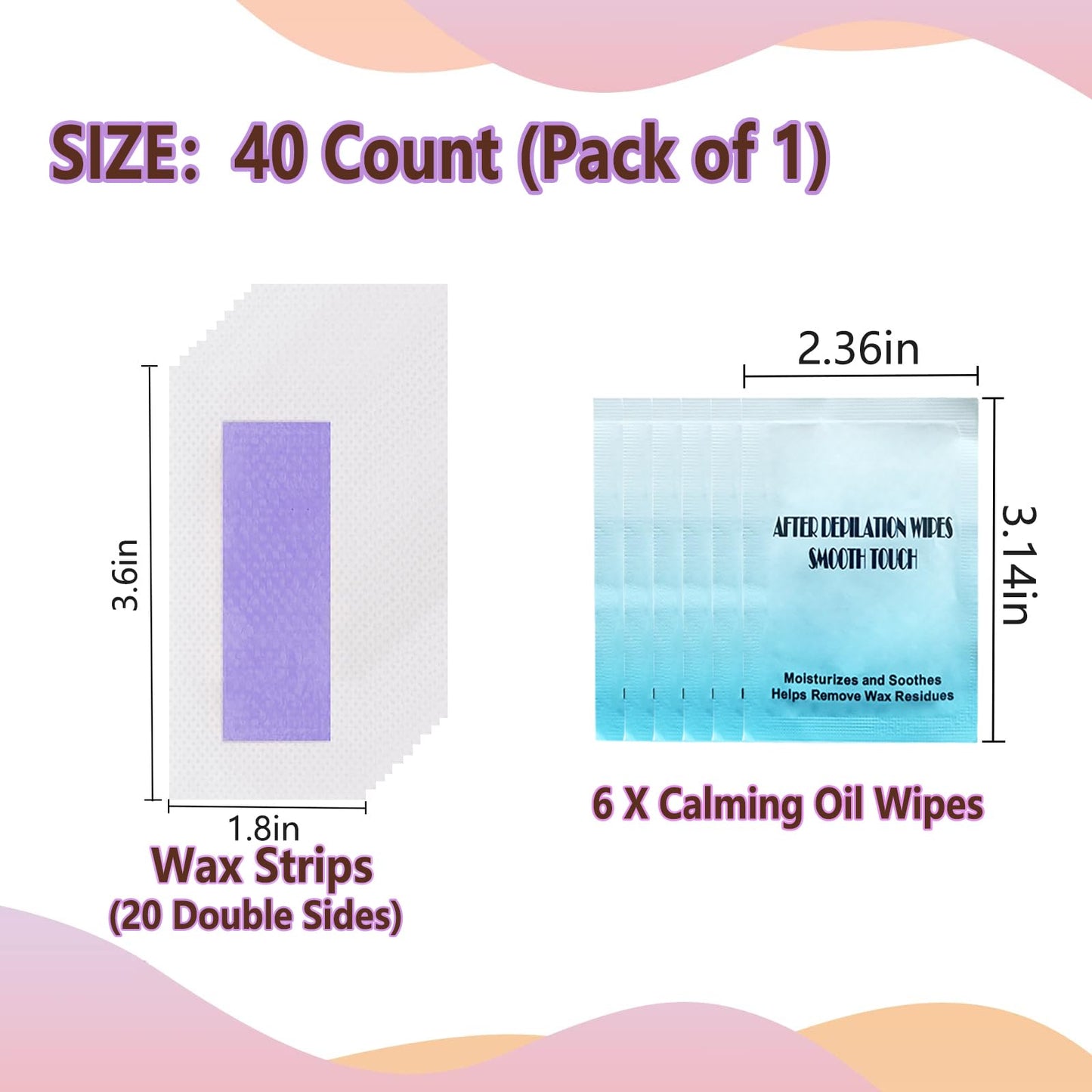 Wax Strips for Hair Removal,Waxing Strips Kit for Women Sensitive All Skin,40 Face Wax Strips & 6 Calming Oil Wipes,Waxing Kit for Women Face,Lips,Body,Legs,Bikini Line,Purple,40 Count (Pack of 1)